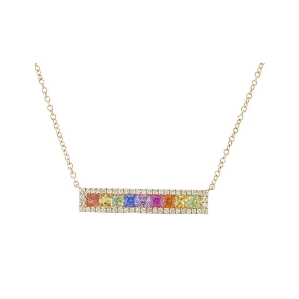 Collar en oro rosa con zafiros de colores talla princesa y diamantes talla brillante.