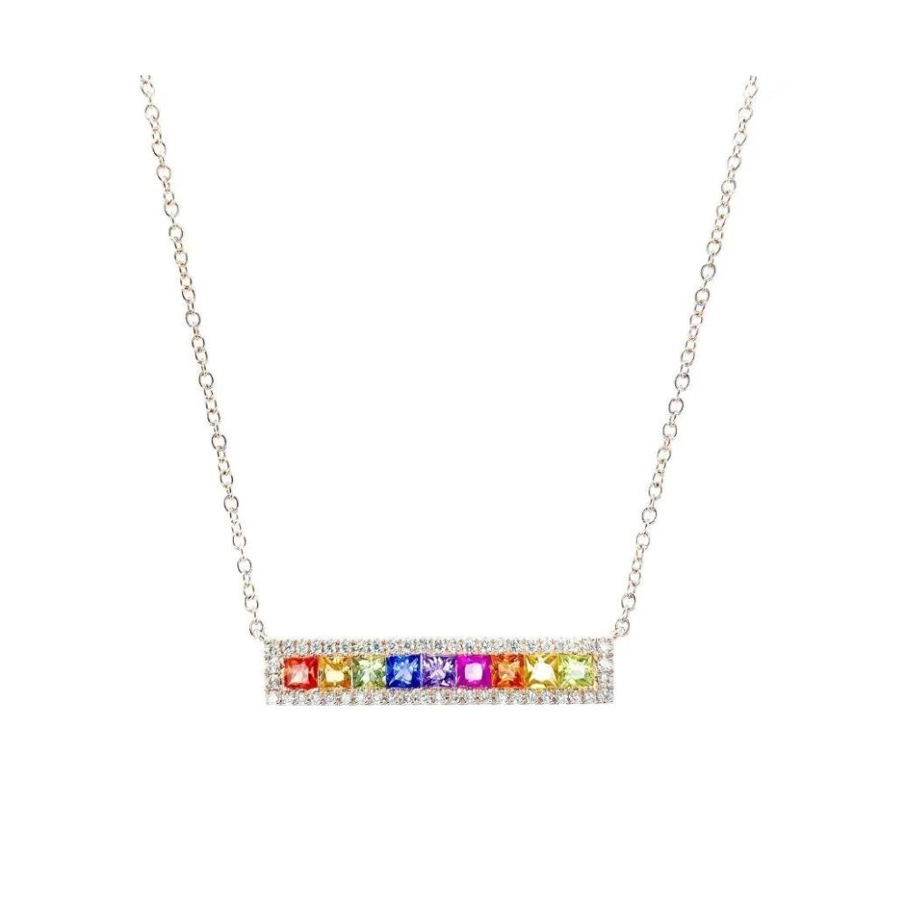 Collar en oro rosa con zafiros de colores talla princesa y diamantes talla brillante.