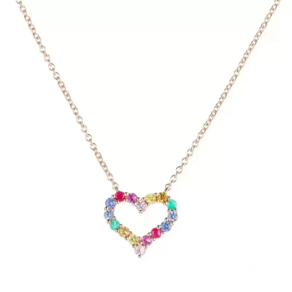 Collar en oro rosa con esmeraldas, rubies y zafiros amarillos, rosa y azules talla brillante.