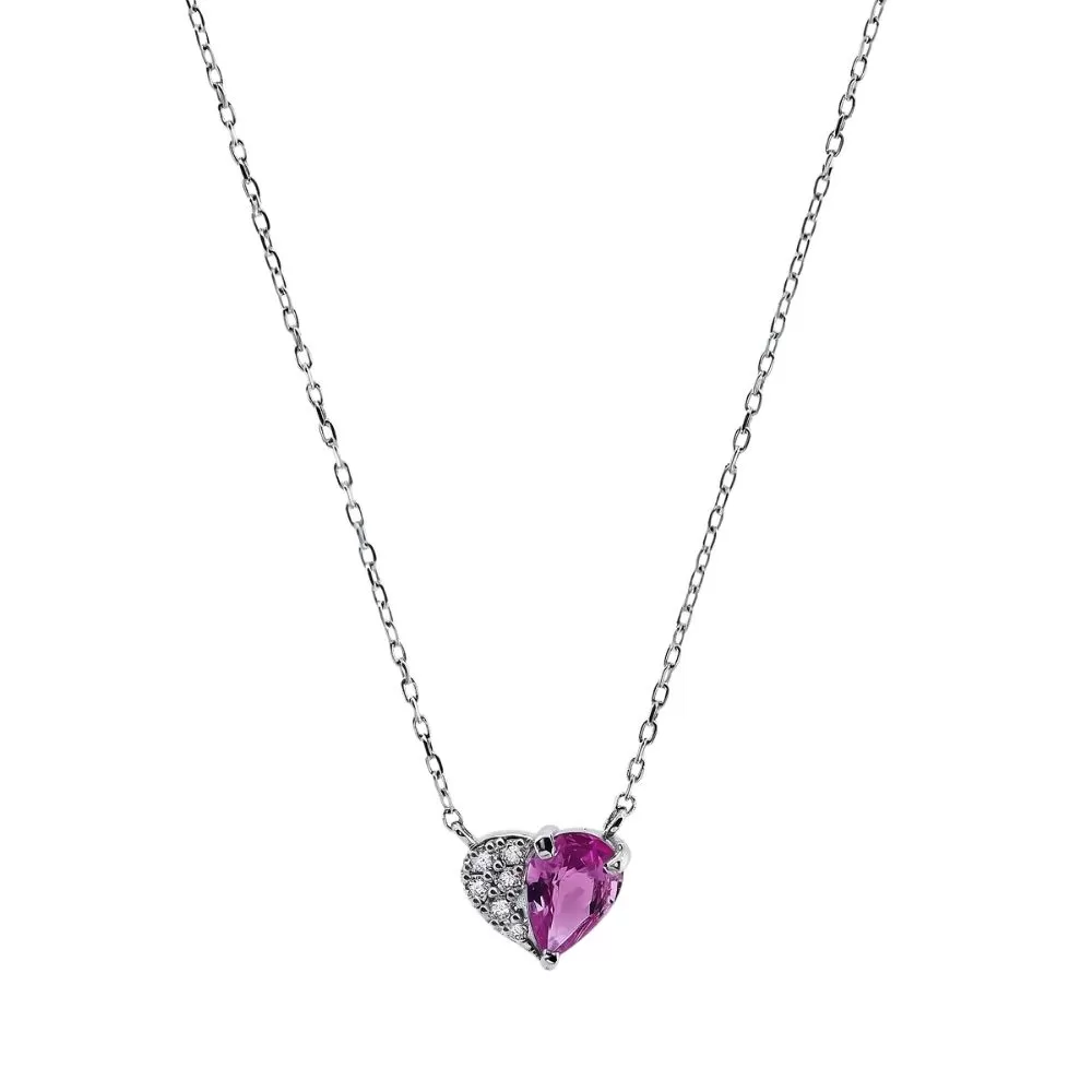 Collar en oro blanco con zafiro rosa talla pera y diamantes talla brillante.