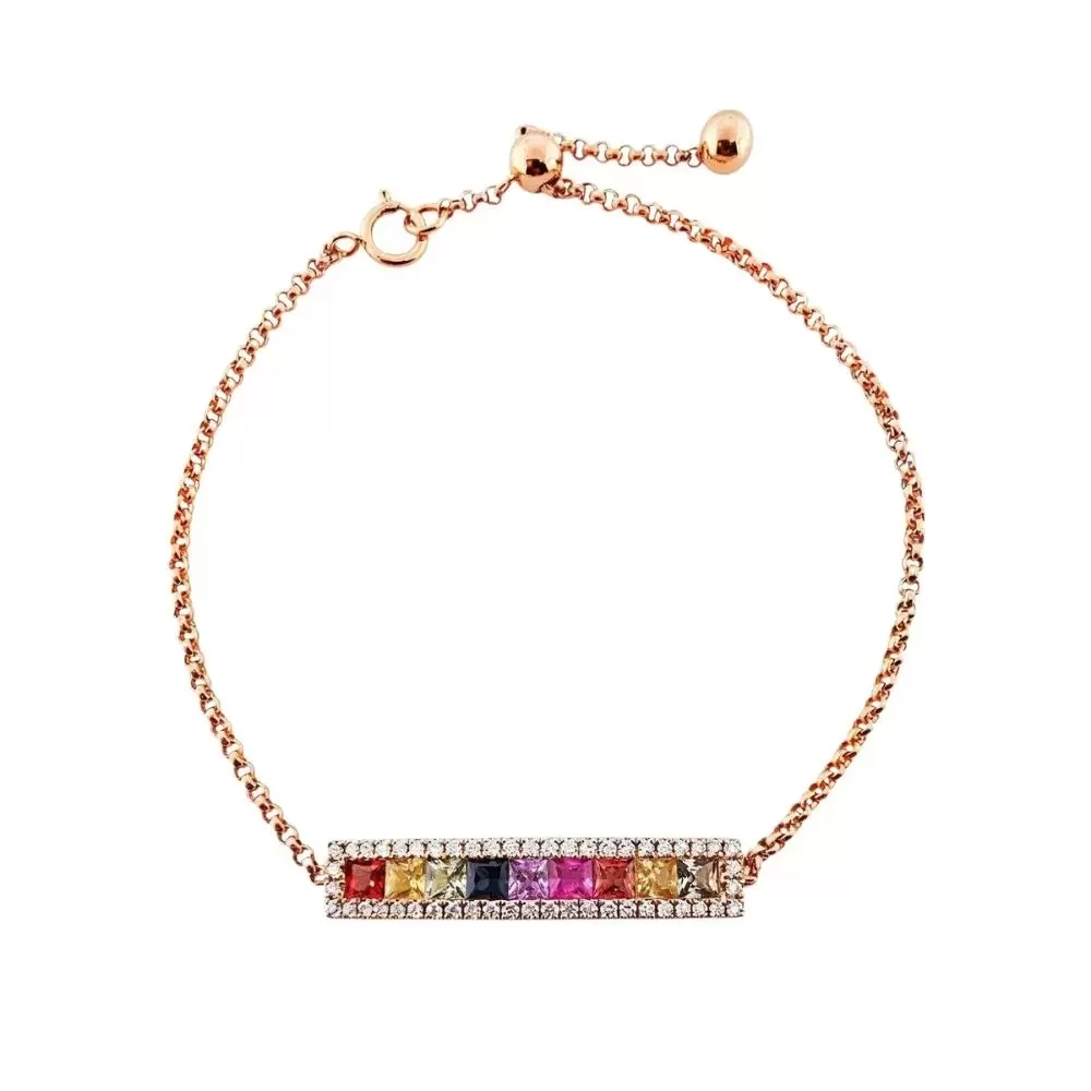 Pulsera en oro rosa con zafiros de colores talla princesa y diamantes talla brillante.