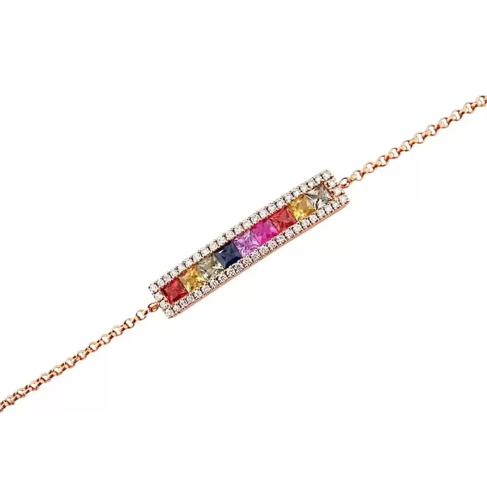 Pulsera en oro rosa con zafiros de colores talla princesa y diamantes talla brillante.